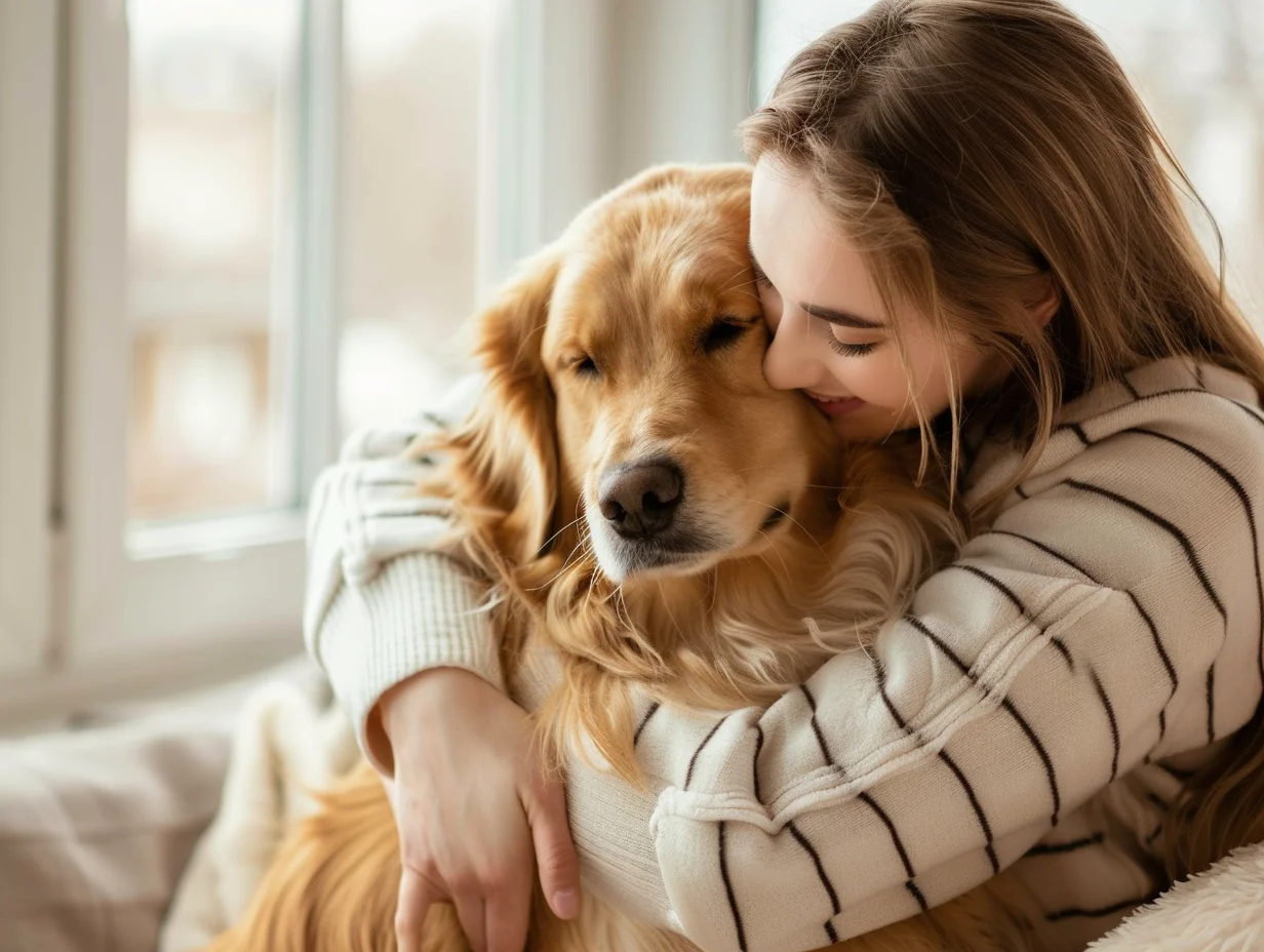 Happy pet owner with golden retriever after using Scratchpay vet financing
